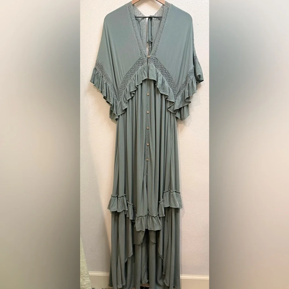 Free People Sage Blue Ruffled Maxi Dress
